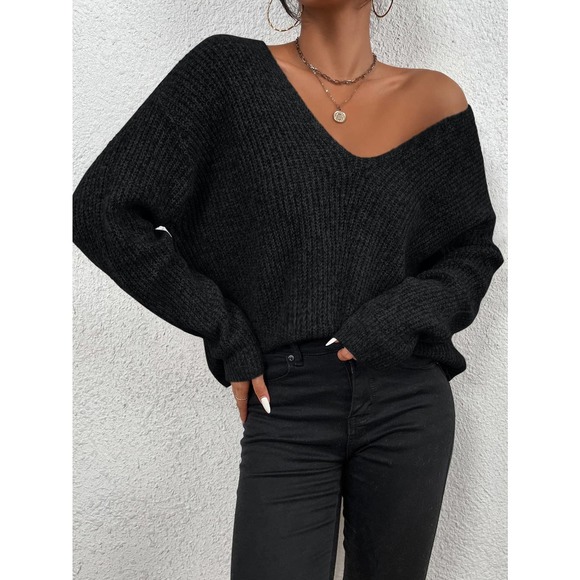 BohoGypsyDreamer Sweaters - V neck Drop Shoulder Ribbed Knit Sweater black oversized